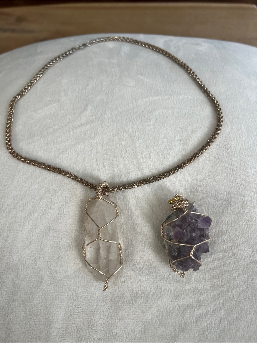 Handmade Gold Wire-Wrapped Clear Quartz & Amethyst Necklace Pendant